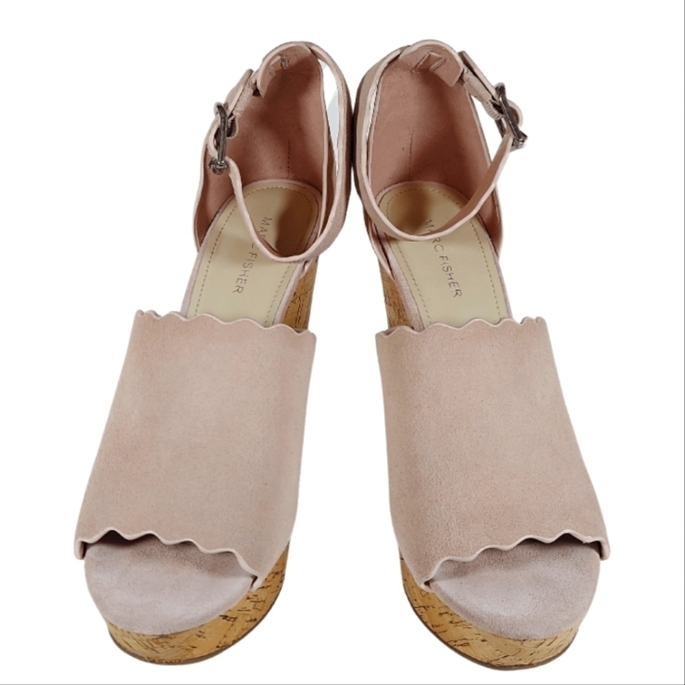Marc Fisher HAYO Blush Pink Suede Cork Heel Wedges Scalloped Detail Size 11